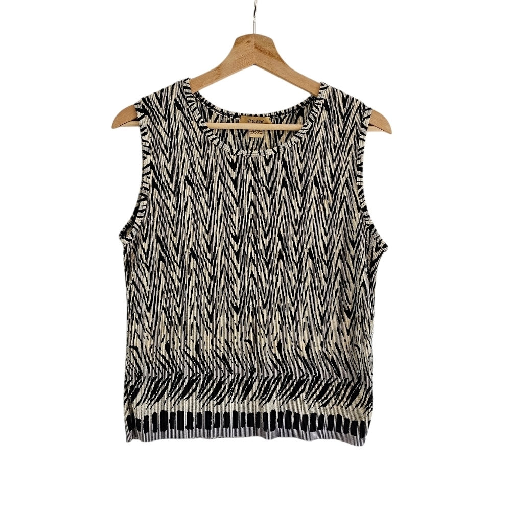 Vintage Plisse Zebra Print Sleeveless Top, Black Blue And Grey, Size M